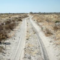 A sand auto trail through a desert.
