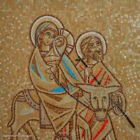 Mosaic wall depicting the Holy Family on a donkey.