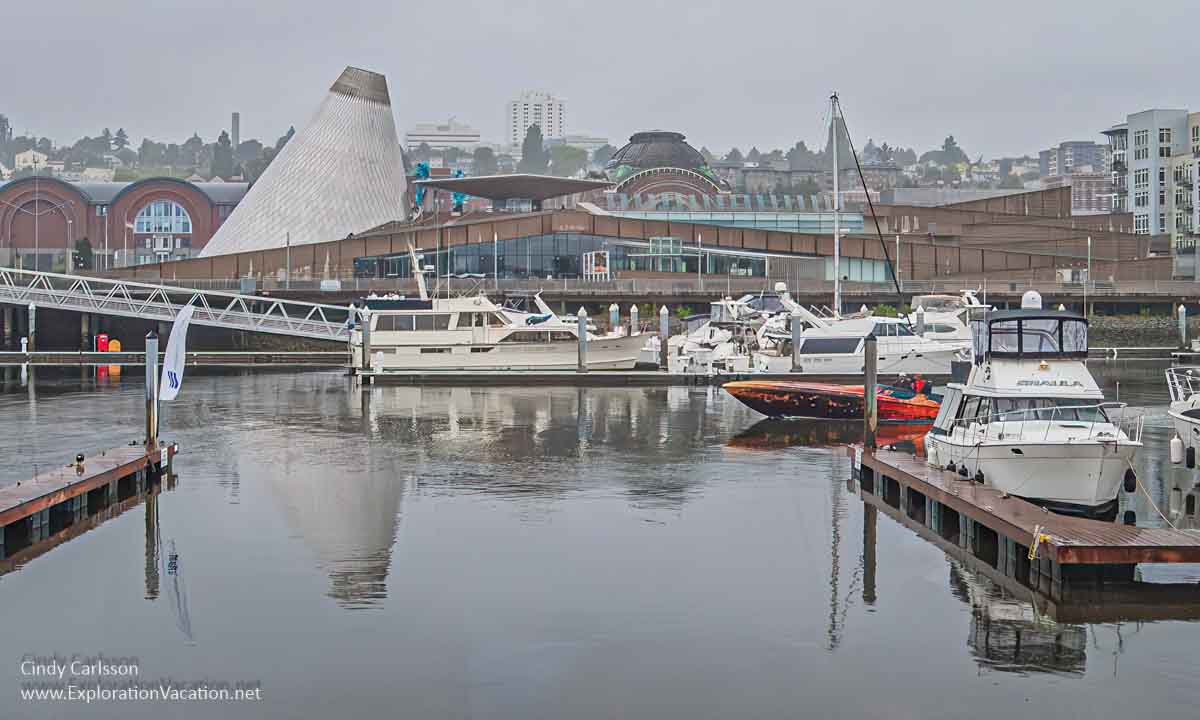 Photo of the Museum of Glass in Tacoma, Washington, as seen from across the Foss Waterway on a rainy day in 2007 &copy; Cindy Carlsson at ExplorationVacation.net