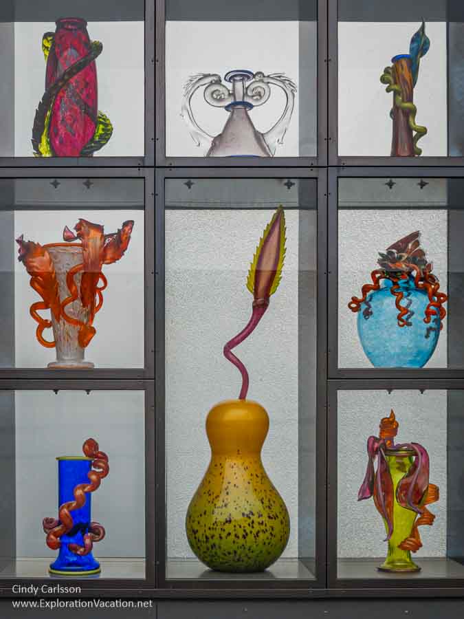Photo of a mix of sculptures in the Venetian Wall on the Chihuly Bridge of Glass in Tacoma, Washington&copy; Cindy Carlsson at ExplorationVacation.net