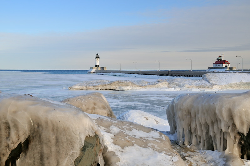 frozen light in Duluth harbor