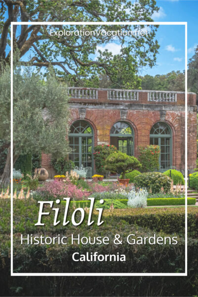 Photo of a brick building with gardens and text "Filoli Historic House and Gardens - Explorationvacation.net"