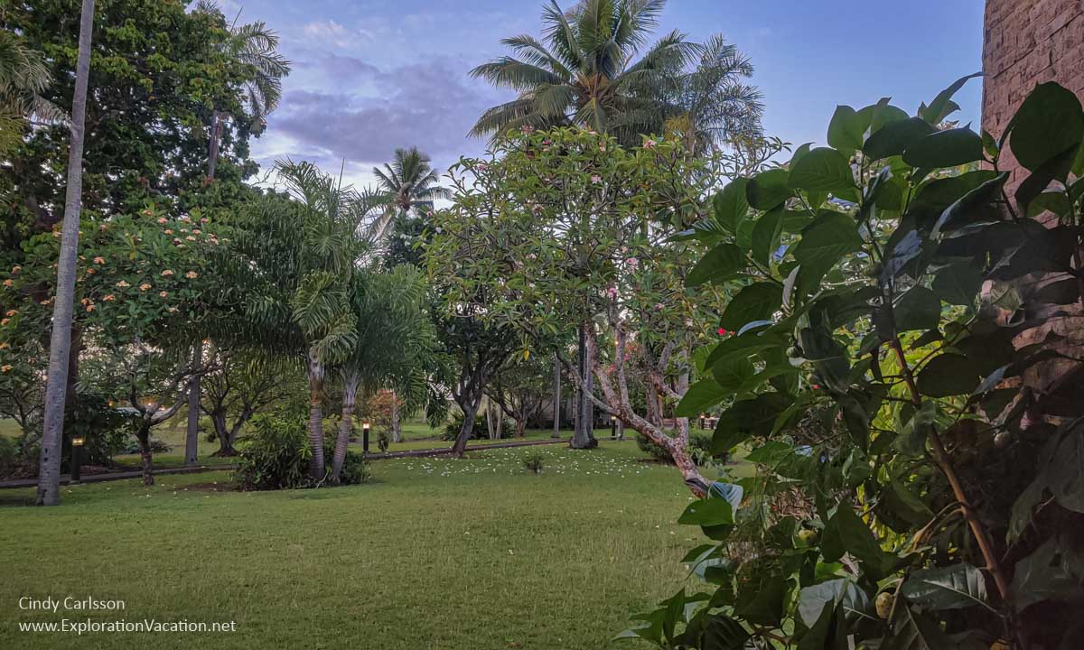 photo of the garden at the Royal Tahitian in French Polynesia at dusk &copy; Cindy Carlsson at ExplorationVacation.net