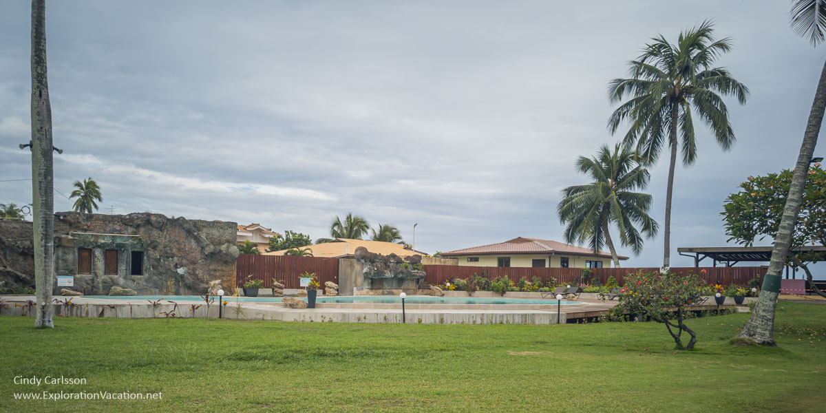 late 2023 photo of the pool area at the Royal Tahitian in Papeete, French Polynesia &copy; Cindy Carlsson at ExplorationVacation.net