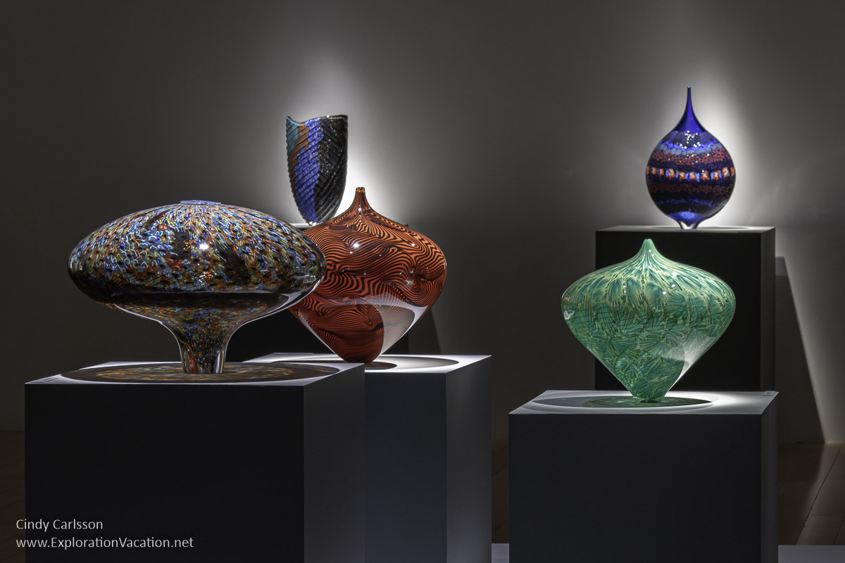 Glass forms with elaborate details by Lino Tagliapietra on display at the Palm Springs Ar Museum. 