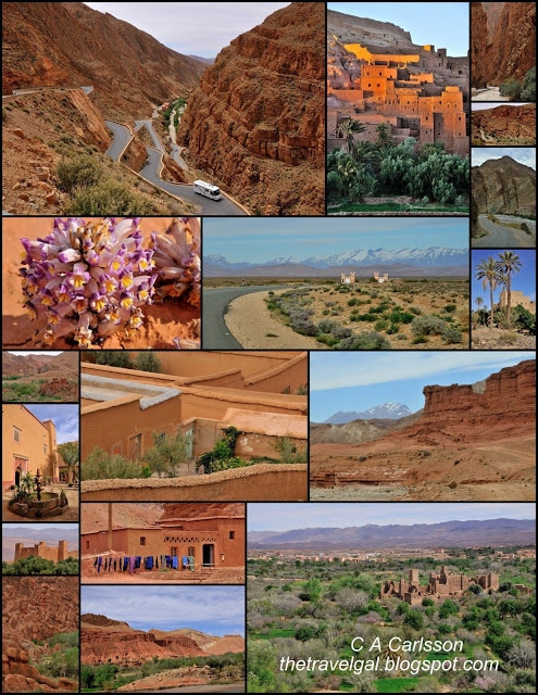 kashbahs, collage of flowers, and desert scenery