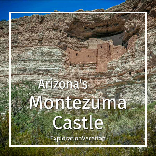 cliff dwelling with text "Arizona's Montezuma Castle"