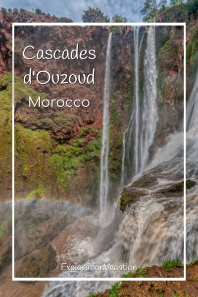 towering waterfall with text "Cascades d'Ouzoud Morocco"