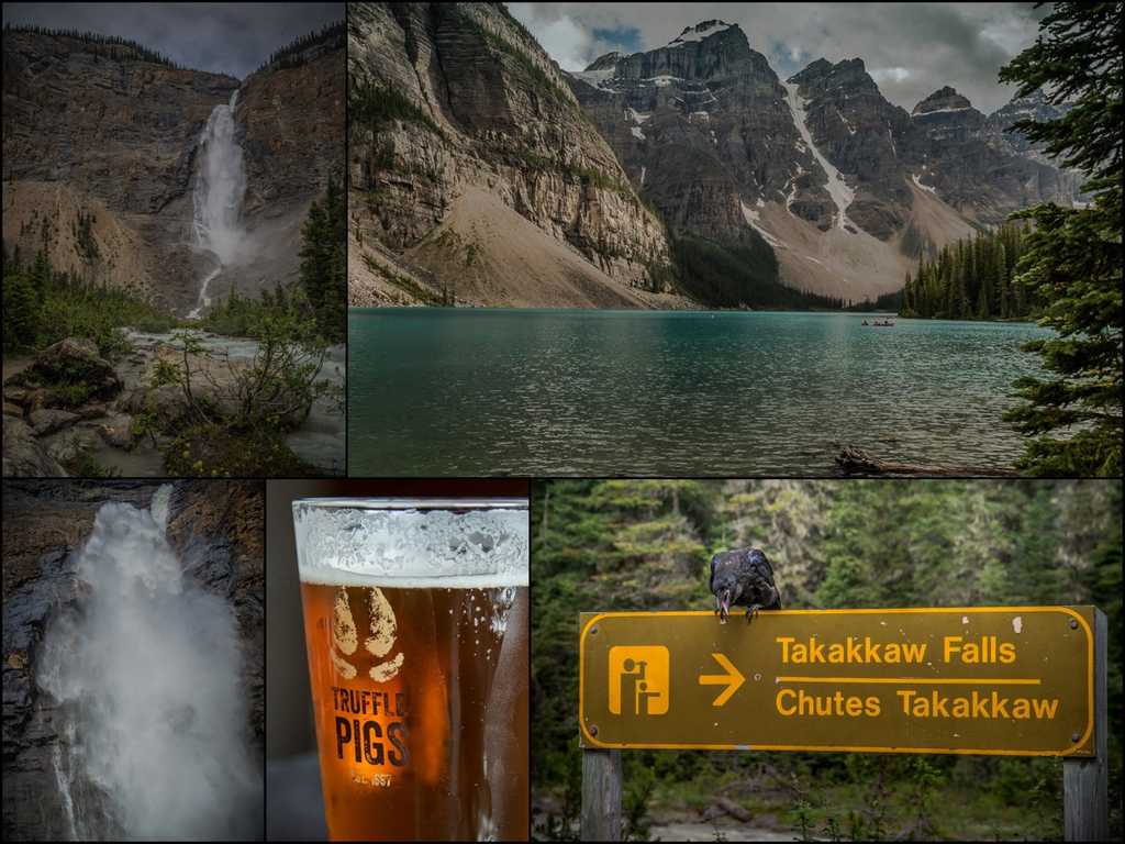 mountain and waterfall scenes and a beer