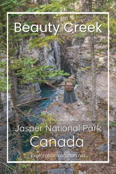 Photo of a creek with rapids and text “Beauty Creek Jasper National Park Canada”