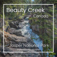 Photo of a creek with rapids and text “Beauty Creek Jasper National Park Canada”