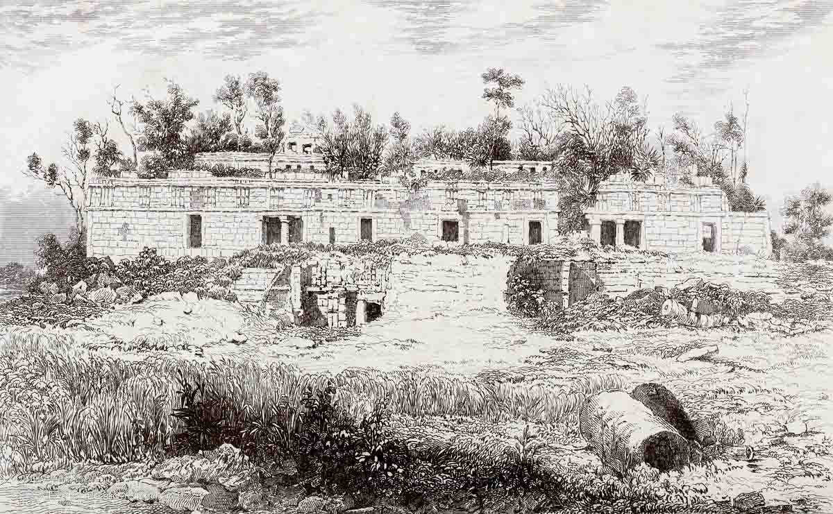 Digitally scanned and edited copy of Frederick Catherwood’s 1840s etching of the Palace at Kabah from the Incidents of Travel in Yucatán. Kabah Mexico © Cindy Carlsson at ExplorationVacation.net