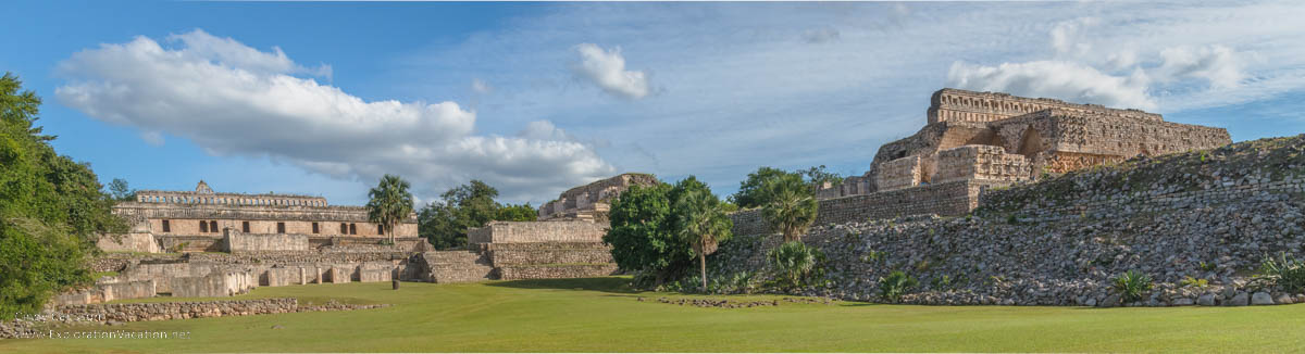 panorama photo of Mayan ruins of Kabah Mexico, part of the Uxmal UNESCO World Heritage site © Cindy Carlsson at ExplorationVacation.net