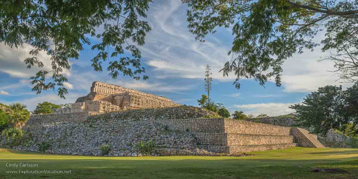photo of Codz Poop Mayan ruin on its three-tiered platform at Kabah Mexico, part of the Uxmal UNESCO World Heritage site © Cindy Carlsson at ExplorationVacation.net