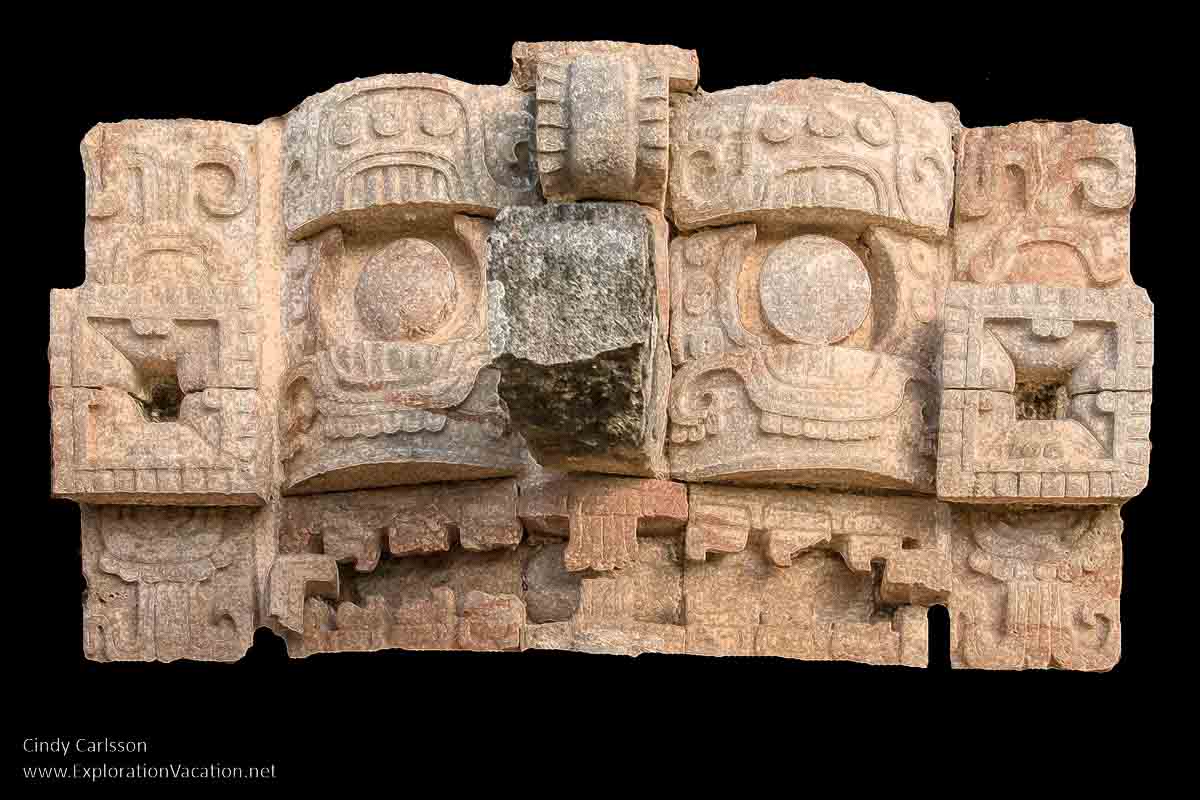 photo of stone mask of Chaac at the Codz Poop (Palace of the Masks) at Kabah Mexico, part of the Uxmal UNESCO World Heritage site © Cindy Carlsson at ExplorationVacation.net
