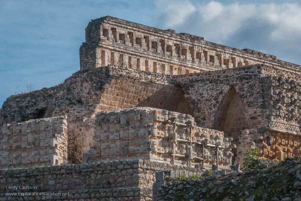 photo looking up at the comb on top the Codz Poop at Kabah Mexico at the Uxmal UNESCO World Heritage site © Cindy Carlsson at ExplorationVacation.net
