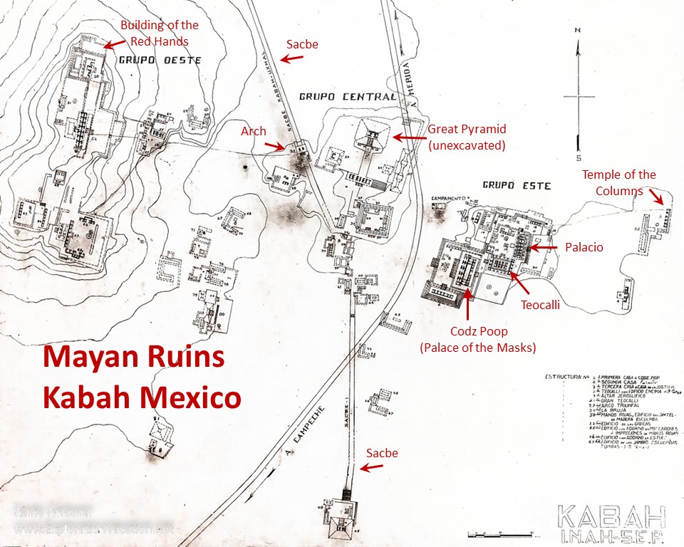 Map showing the location of major ruins at Kabah Mexico