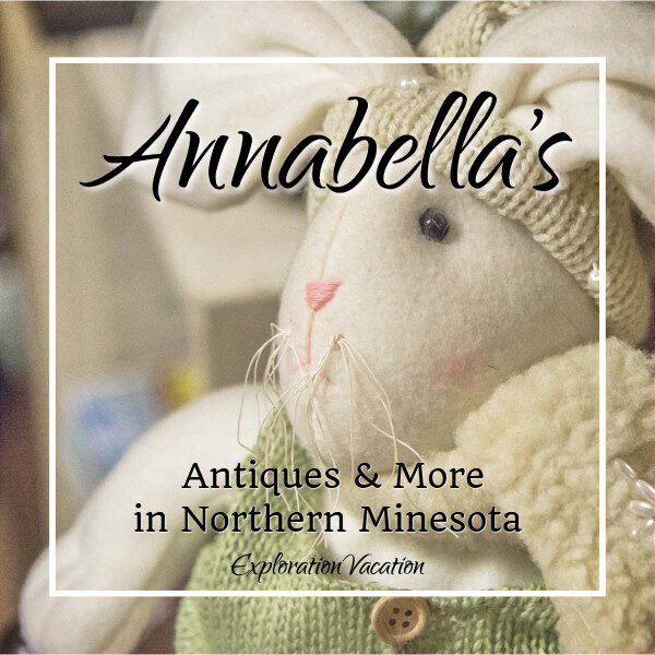 stuffed toy rabbit with text "Annabella's antiques and more in northern Minnesota"