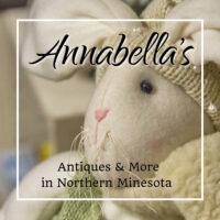 stuffed toy rabbit with text "Annabella's antiques and more in northern Minnesota"