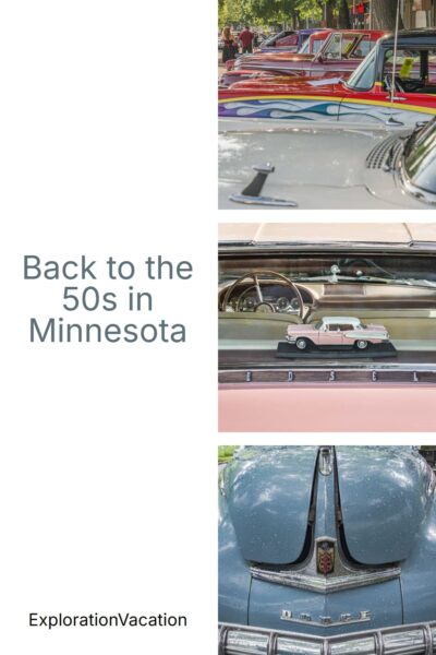 Pin with multiple images of classic cars and text: "Back to the 50s in Minnesota - ExplorationVacation.net"