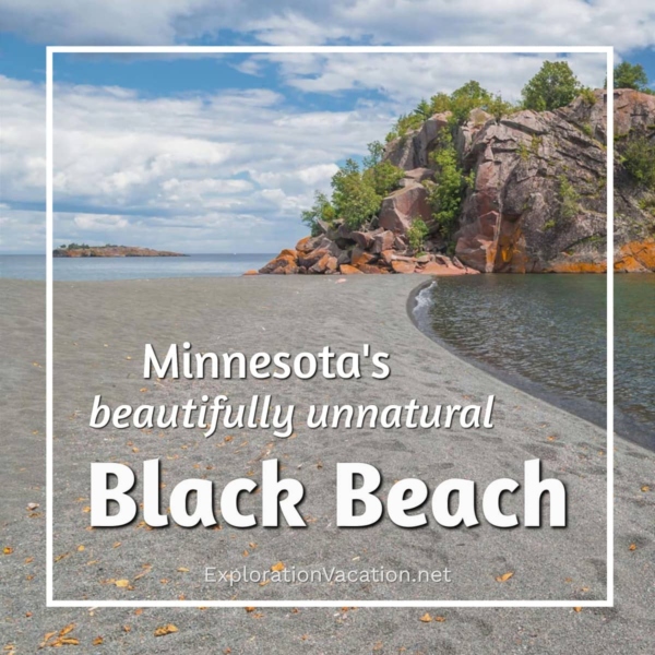 link to a post on Minnesota's Black Beach with a photo of a black sand beach and rocky northern island with text "Minnesota's beautifully unnatural Black Beach -ExplorationVacation.net