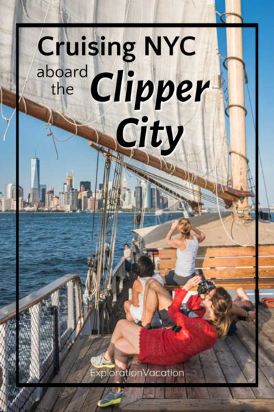 people on deck of a tall ship with Manhattan skyline and text "Cruise NYC aboard the Clipper City"