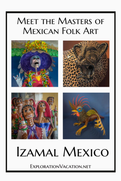 four pieces of folk art and text "Masters of Mexican Folk Art"