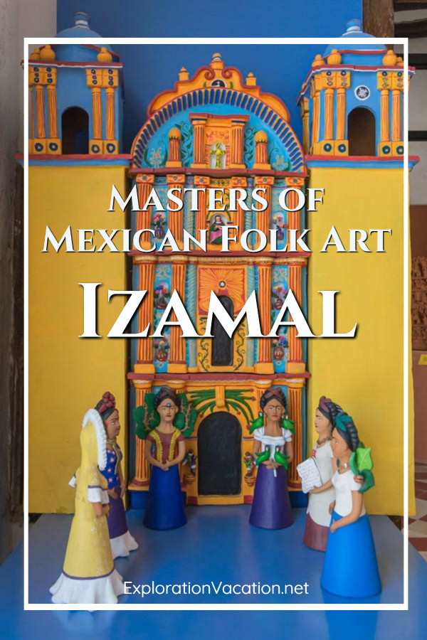 folk art church with Frida figures and text "Masters of Mexican Folk Art"
