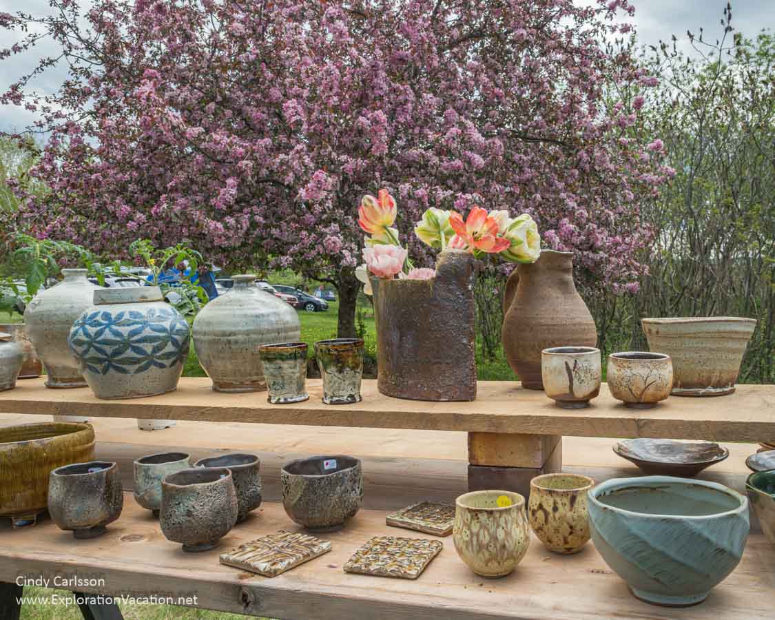 Photo of pottery by Shikha Joshi, Alana Cuellar, and Minsoo Yuh at the Cuellar&rsquo;s studio during the 2024 Saint Croix Valley Pottery Tour in Minnesota. (Photo &copy; Cindy Carlsson on ExplorationVacation.net)