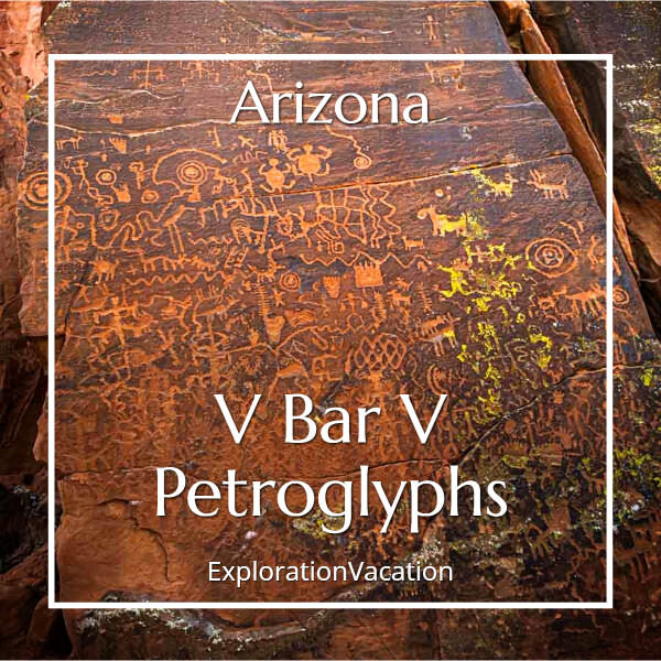 rock carvings with text "Arizona's V Bar V Petroglyphs"