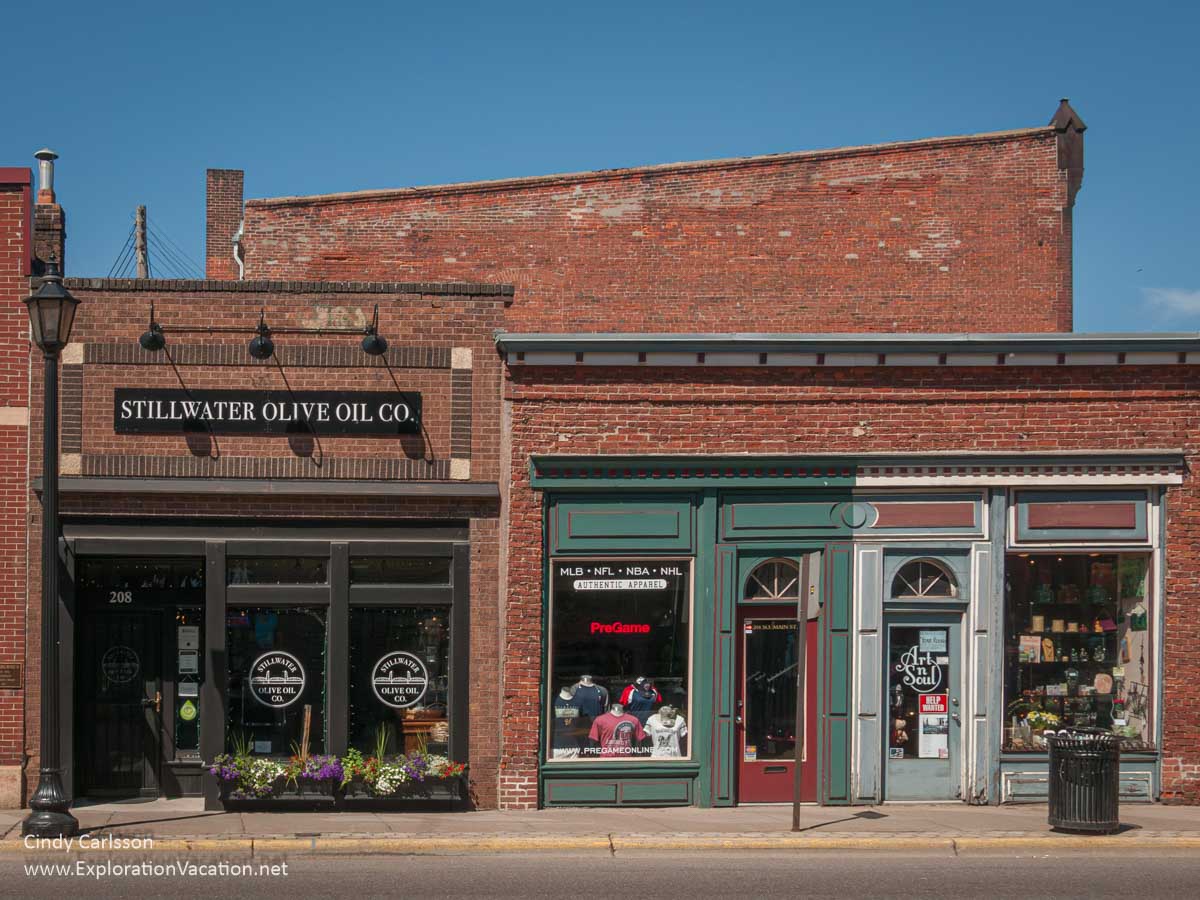 Shops along a street in historic downtown Stillwater.