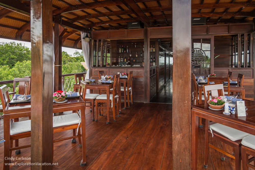 dining area and bar on Bassac cruise ship Mekong Delta Vietnam -ExplorationVacation.net