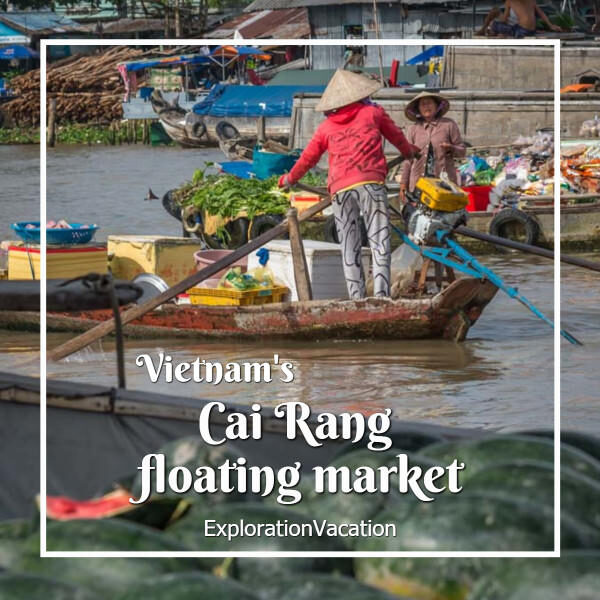 photo of a woman in a market boat with text "Vietnam's Cai Rang floating market"