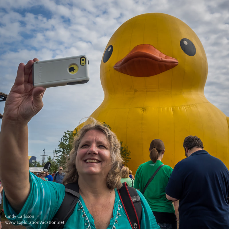 Selfies with the giant rubber duck at the Duluth Tall Ship Festival - www.ExplorationVacation.net
