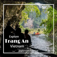 photo of a rowboat leaving a cave with text "Trang An Vietnam"