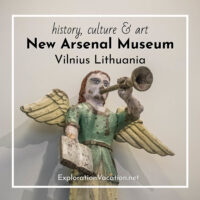 folk carving of an angel with a trumpet with text "History, culture, and art New Arsenal Museum Vilnius Lithuania"