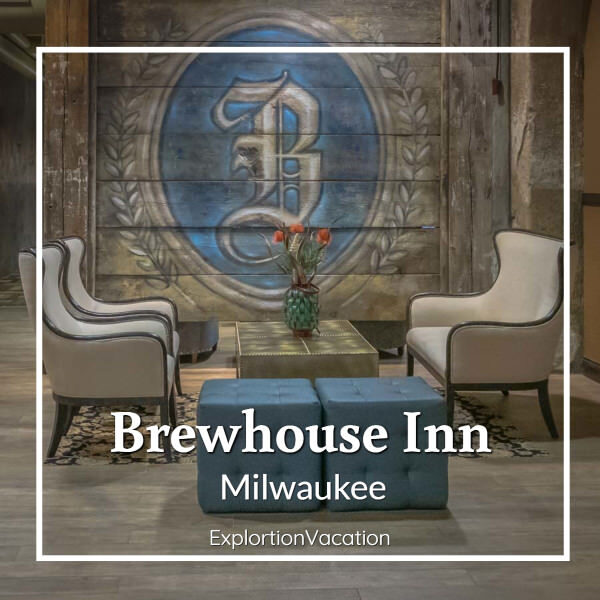 hotel sitting area with text "Brewhouse Inn Milwaukee"
