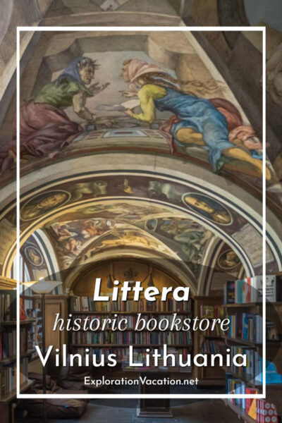 ceiling paintings in a bookstore with text "Littera historic bookstore Vilnius Lithuania"