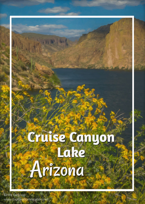 lake with mountains and flowers and text "Cruising Canyon Lake Arizona"