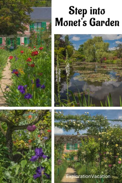 Multiple images of gardens at Giverny, with text "Step into Monet's Garden - ExplorationVacation"