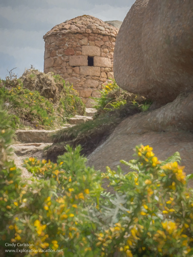 Painting of ruins of a stone tower with stairs and wildflowers