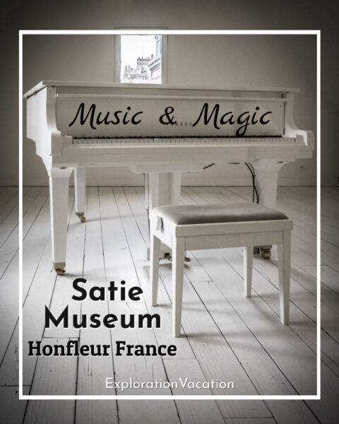 white piano in a white room with text "Satie Museum Honfleur France"