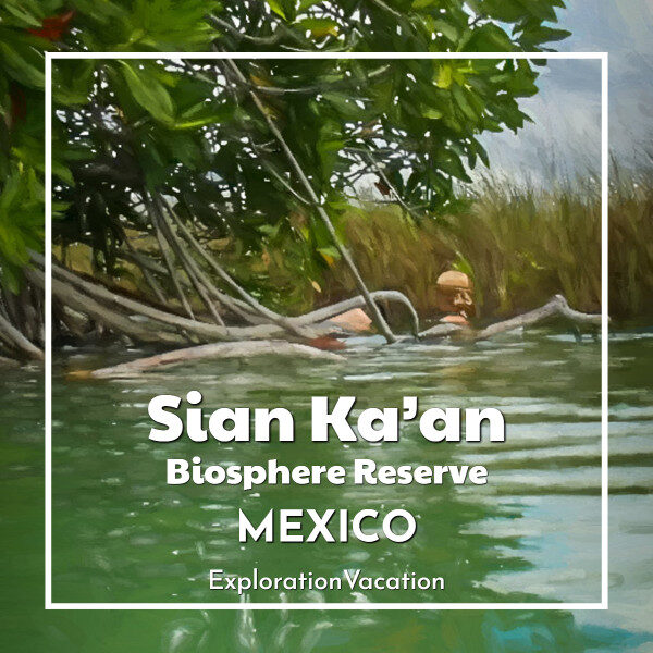 person floating in a tropical canal with text "Mayan Canal Float Sian Ka'an Mexico"