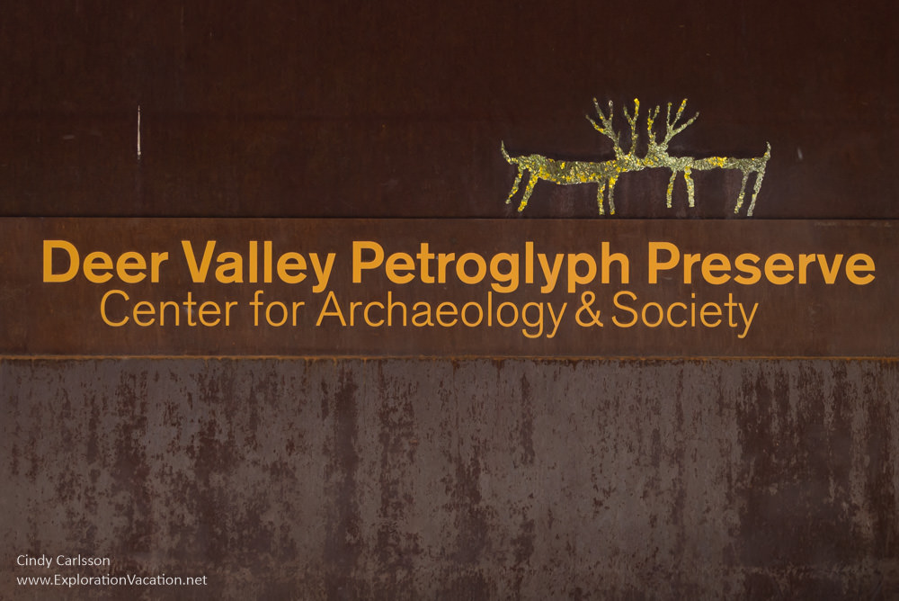 Entry sign Deer Valley Petroglyph Preserve protects ancient rock art in Phoenix Arizona USA - ExplorationVacation.net