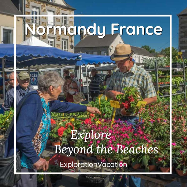 market scene with text "Normandy, France, beyond the Beaches"