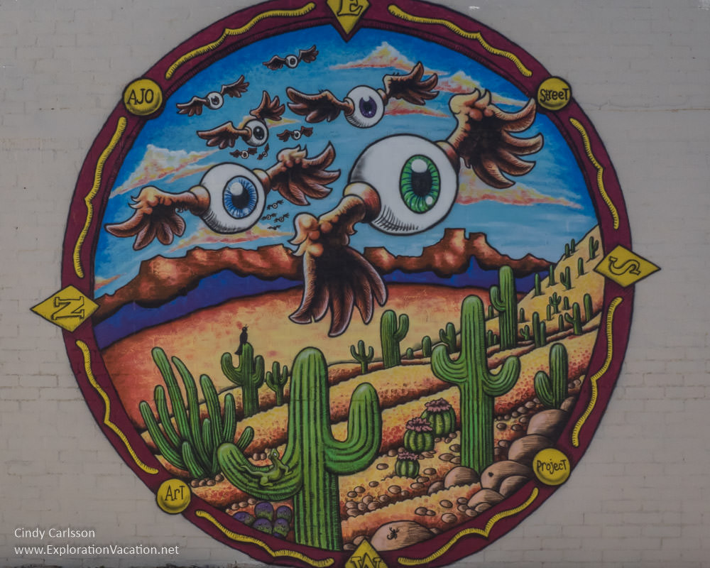 Ajo Arizona mural “Spy Drones Over Sonora” by local artist Mike DaWolf Baker - ExplorationVacation.net
