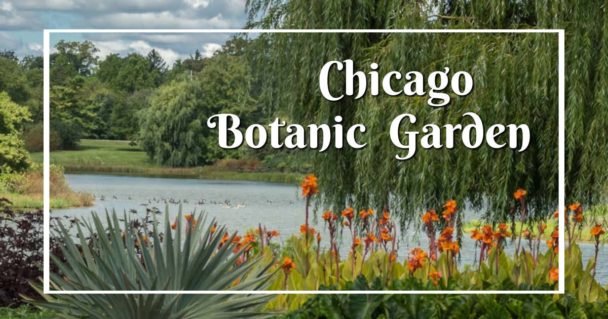 Lakeside gardens with text "Chicago Botanic Garden"
