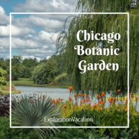 Lakeside gardens with text "Chicago Botanic Garden"