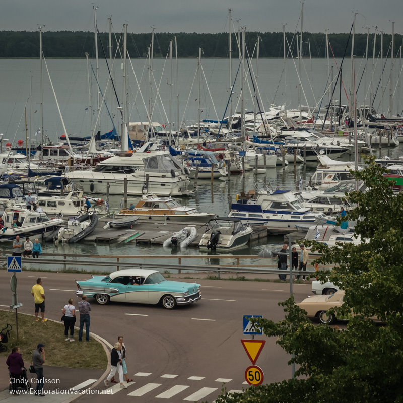 Classic cars along the marina
