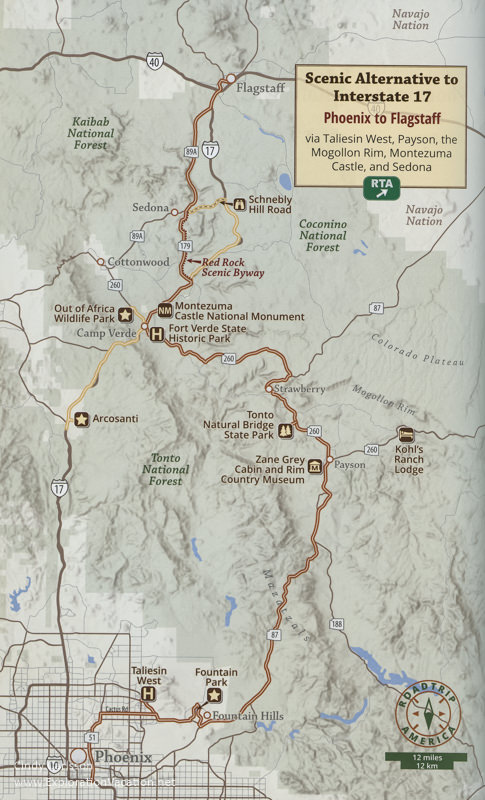 Map of the eastern route between Phoenix and Flagstaff